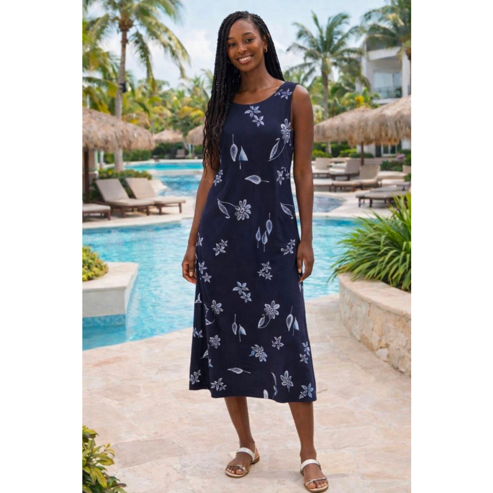 Copa Cabana Navy Floral Sleeveless Dress Large Made in USA Casual Summer Midi